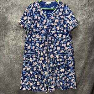 Miss Elaine Full Zip Lounger Patio House Dress Robe Womens L Blue Pink Floral